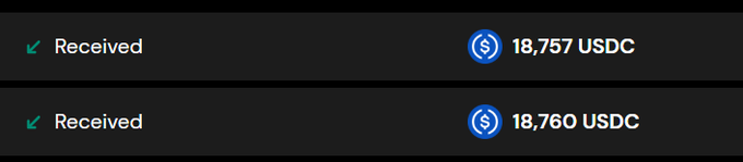 The image shows two confirmed USDC receipts on Arbitrum of 18,757 and 18,760 USDC, which together total approximately 18,758.5 USDC per side of the trade, representing the on-chain settlement of the 880-point OTC deal at $21 per point (≈$18,480) plus fees for the Variational Points transaction referenced in the post.