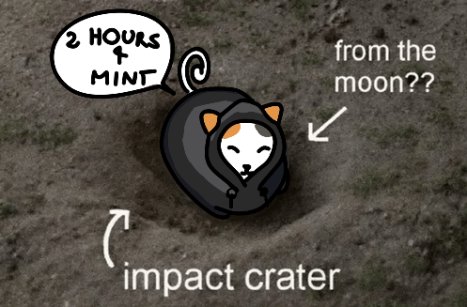 A cartoon cat in a black hooded sweatshirt sits in a small dirt depression, with text reading "2 HOURS + MINT," "from the moon??" and "impact crater." The image humorously depicts a calm cat waiting in a crater just before an upcoming mint event on OpenSea, as referenced in the post about the countdown to the "big boom."