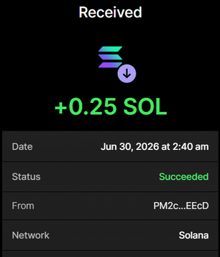 A screenshot of a successful Solana transaction showing a receipt of +0.25 SOL dated June 30, 2026, with transaction signature PM2c...EEcD, corresponding to the $TPI token purchase confirmation highlighted in the accompanying post.
