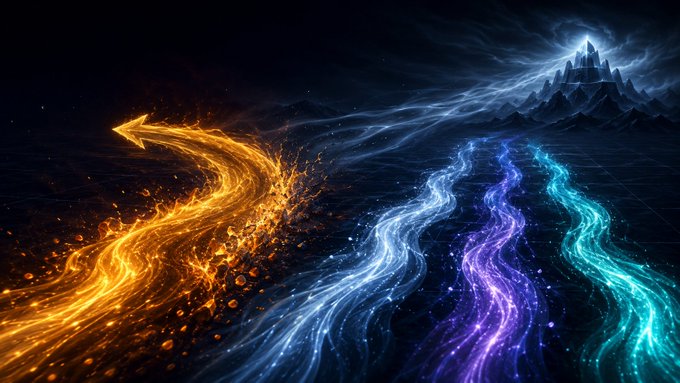 A fantasy digital artwork shows colorful streams of energy—orange, white, purple, and teal—flowing across a dark landscape toward a glowing mountain fortress in the distance.