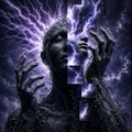 A dark, moody digital artwork depicts a pale humanoid figure with outstretched hands, surrounded by crackling purple lightning against a black background.