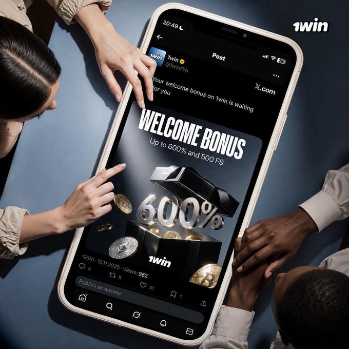 A promotional image showing people interacting with a large smartphone displaying a '1win' welcome bonus post offering 'Up to 600% and 500 FS'.