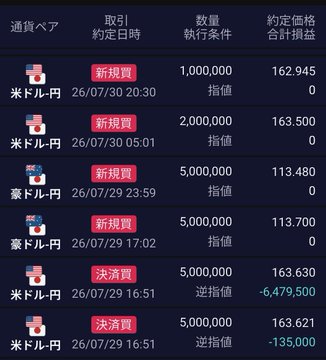 The image shows a forex trading history table in Japanese detailing USD/JPY positions, including multiple new buy entries (新規買) ranging from 1,000,000 to 5,000,000 units at prices like 162.945, 163.500, and 113.480/700, along with two settled trades (決済買) on 07/29 showing significant losses of -6,479,500 and -135,000 yen. This reflects the poster's account of suffering major trading losses after taking a day off, visualizing the steep -6.4 million yen hit that contributed to their decision to step back and scale down to quiet, small-scale trading going forward.