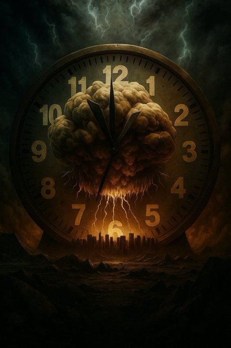A massive ominous clock shows nearly midnight with a brain-shaped cloud and lightning striking a city skyline beneath the number 6, symbolizing an impending reckoning. The apocalyptic imagery of time running out and a crumbling city aligns with the post's claim that XRP and XLM are poised to disrupt the global financial order before time runs out.