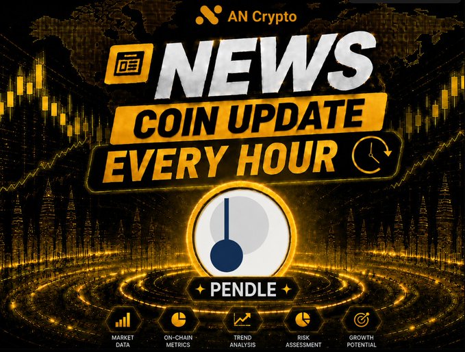 Cryptocurrency promotional graphic for 'AN Crypto' featuring 'NEWS - COIN UPDATE EVERY HOUR' with PENDLE highlighted as the featured token.