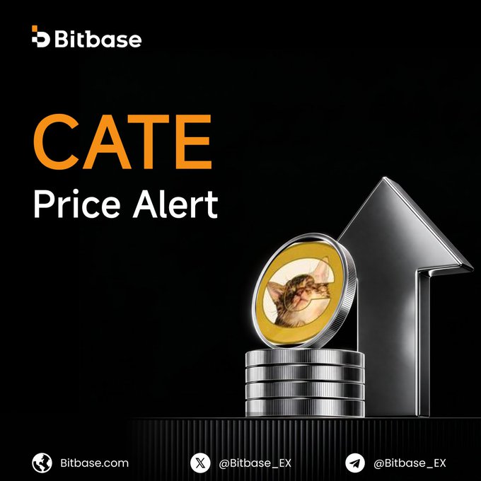 A Bitbase promotional graphic featuring a silver upward arrow beside stacked coins topped with a gold "CATE" coin, with text reading "CATE Price Alert," announcing the token's +104.09% surge on the Bitbase exchange.