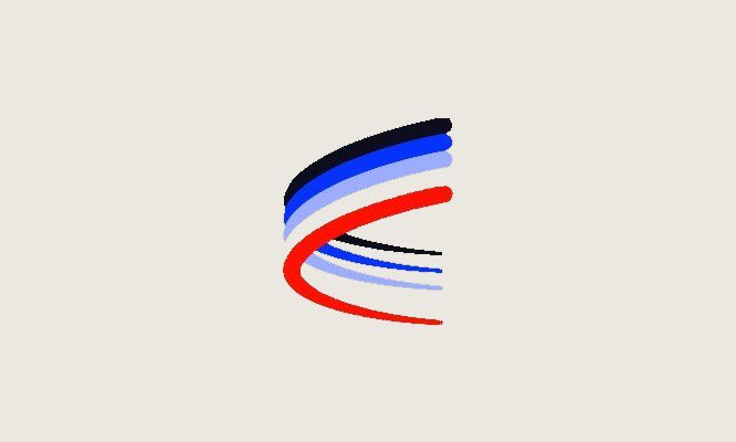 An abstract logo featuring intertwined red, black, and light blue brushstroke ribbons on a white background.