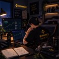 A person wearing a Bitcoin hoodie works at a desk in a dimly lit room with multiple monitors displaying trading charts.