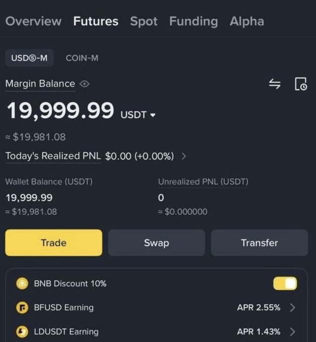 This screenshot shows a Binance margin account with a balance of 19,999.99 USDT, illustrating the starting capital of $20,000 mentioned in the post. The user is seeking recommendations for coins with the highest profit potential to x5 their investment by the end of 2027.