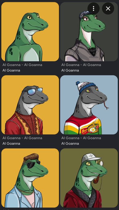 A grid of six cartoon illustrations labeled 'AI Goanna,' depicting dinosaur-like characters in various costumes including a hoodie, jacket, sunglasses, beanie, blazer with sunglasses, and beanie with a pipe.
