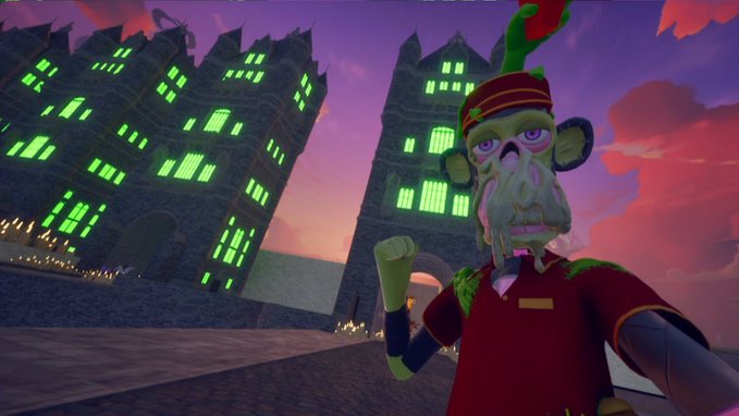 A Roblox character with a monkey-like face, red uniform, and green arm bands standing in front of gothic buildings with glowing green windows.