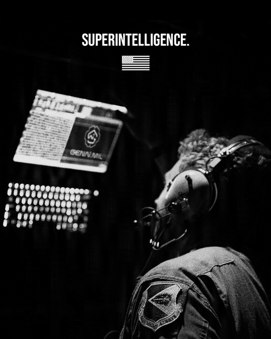 A black-and-white image shows a person wearing a headset and a US Air Force uniform patch, with a digital display reading "GENVI ML" nearby. The text "SUPERINTELLIGENCE." and an American flag are overlaid at the top.