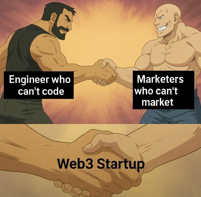 The image is an anime-style meme showing a dramatic handshake between two muscular figures labeled "Engineer who can't code" and "Marketers who can't market," with the result labeled "Web3 Startup."

The meme satirizes Web3 startups by suggesting they're built on a hollow alliance between incompetent engineers and marketers, reinforcing the post's point that the industry thrives on hype and hope rather than actual product or marketing skills.