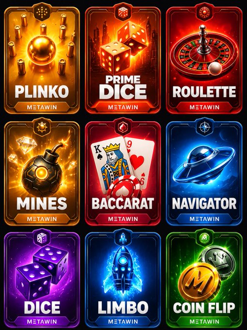 A grid of nine colorful casino game cards from the "Metawin" platform, including Plinko, Prime Dice, Roulette, Mines, Baccarat, Navigator, Dice, Limbo, and Coin Flip. The image serves as a visual prompt for the accompanying challenge, inviting viewers to pick which slot game they'd bet $500 on and share their Solana wallet.