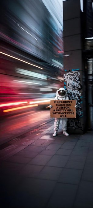 A street photograph of a person in a white astronaut suit holding a sign reading 'IF LIFE DIDN'T TEACH YOU A LESSON, A PRETTY GIRL WITH NICE EYES WILL' against a backdrop of light trails from passing vehicles and a graffiti-covered wall.