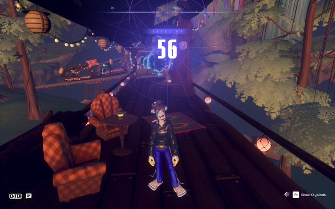 The image features a character named Tommy, who is standing on top of a train platform with his arms outstretched. He appears to be enjoying himself as he looks down at the ground below him. The setting seems to be an outdoor area where there are chairs and tables scattered around. A sign in the background indicates that this location is called "Otherside". The post also mentions that Tommy has reached level 56, which could suggest a milestone or achievement within the game.