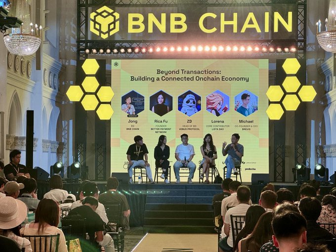 A panel discussion titled 'Beyond Transactions: Building a Connected Onchain Economy' at a BNB Chain event, featuring speakers Jong (BNB Chain), Rica Fu (Founder, Better Payment Network), ZD (Head of VIP, Venus Protocol), Lorena (Core Contributor, Lista DAO), and Michael (Co-founder & CEO, Brime).
