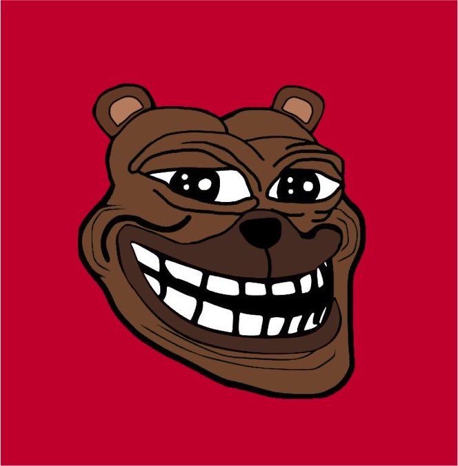 A cartoonish brown bear head with a wide, toothy grin is set against a bold red background. The smug, knowing expression of the bear pairs with the post's message about being late to a trade, suggesting confidence in going against the crowd with $BOBO.