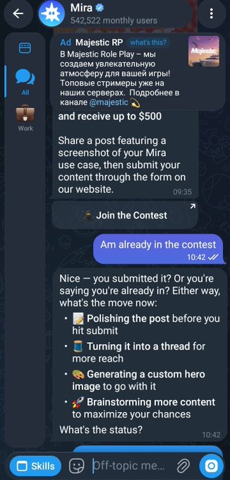 A Telegram chat screenshot shows an advertisement from "Majestic Role Play" offering up to $500, alongside messages discussing strategies for a content contest.