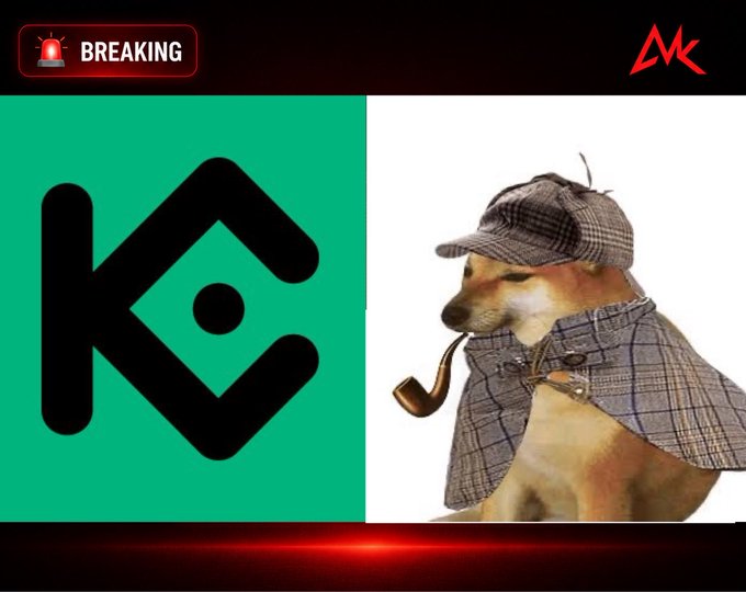 A breaking news graphic shows the KuCoin logo next to a dog dressed as Sherlock Holmes with a pipe and plaid deerstalker.