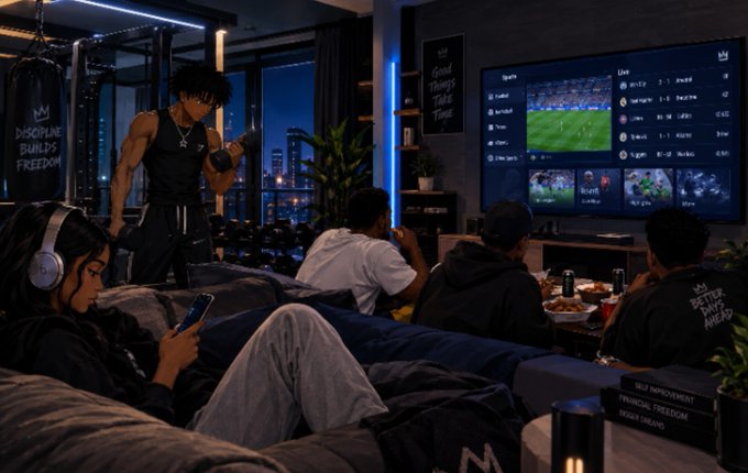 A group of people relax in a modern, dimly lit room watching a sports broadcast on a large TV screen, with a woman in the foreground wearing headphones and looking at her phone.