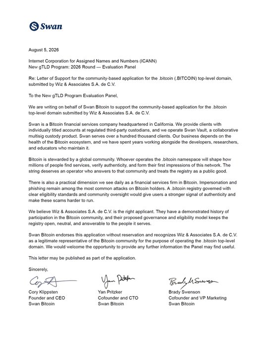 A letter dated August 5, 2026, from Swan Bitcoin to ICANN supporting Wiz & Associates S.A. de C.V.'s application for the .bitcoin top-level domain, signed by Cory Klippsten, Yan Pritzker, and Brady Swenson.