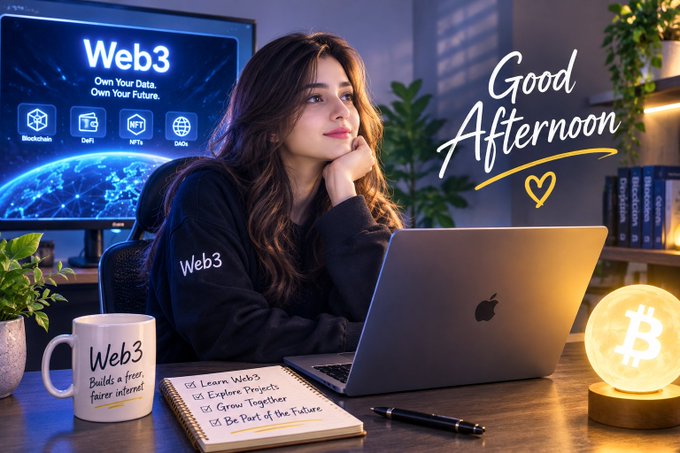 A young woman sits at a desk with a laptop in a scene themed around Web3 technology, accompanied by 'Good Afternoon' text and a Bitcoin lamp.