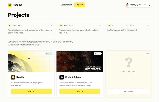 A webpage for 'Rarelist' showing a leaderboard and projects section, including an 'ACTIVE' card for Rarelist and a 'LISTED' card for 'Project Sphere' described as an endeavor dedicated to civilizational acceleration toward Kardashev Type II.