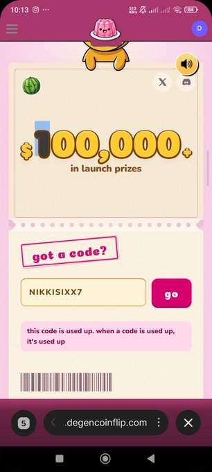 A mobile screenshot of a Degencoinflip website showing $100,000 in launch prizes, with a code entry field containing 'NIKKISIXX7' and a message stating the code has been used up.