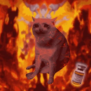 A cat edited to appear smoking, surrounded by flames with white smoke, accompanied by a pill bottle image.