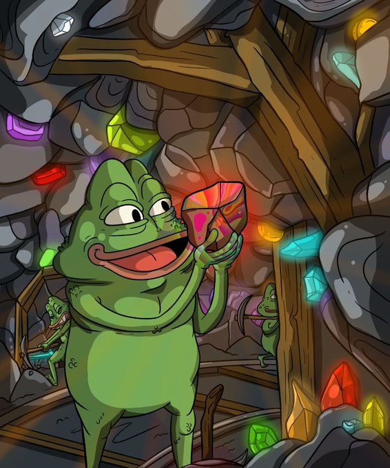 The cartoon depicts a green frog in a gem-filled mine holding a sparkling crystal, with other frogs mining in the background, visually echoing the post's metaphor of discovering a rare gem. The image playfully illustrates the excitement of being whitelisted by comparing it to the thrill of a frog striking it rich with valuable crystals.