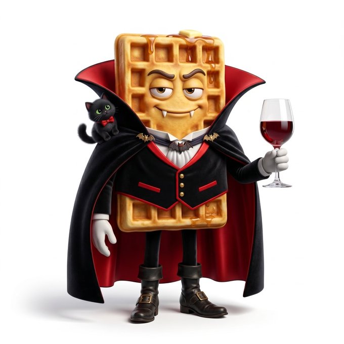 A 3D-rendered anthropomorphic waffle character dressed in a vampire costume with a black and red cape, white gloves, and boots, holding a glass of red wine while a small black cat with a red bow sits on its shoulder. The image illustrates the "brainrot" art project featuring the character's rare traits including a costume stamp (vampire outfit) and companion stamp (the cat), highlighting the valuable NFT character being considered for burning.
