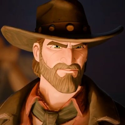 Animated illustration of a cowboy character with a brown hat, green shirt, and beard, in a warm-lit western style portrait.