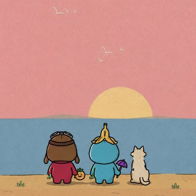 A cartoon illustration showing two characters and a white cat sitting on a beach watching a sunset over the ocean, with the pink sky featuring flying seagulls.
