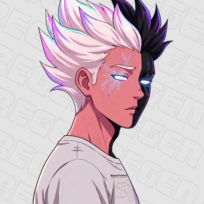 The image features an anime-style character with spiky white and purple hair, glowing blue eyes crackling with lightning-like energy, and half their face cast in dark shadow, creating a powerful, electrifying presence that visually mirrors the bold, competitive energy of the "gm >> you're only allowed to win this week" post, symbolizing unstoppable momentum and dominance.
