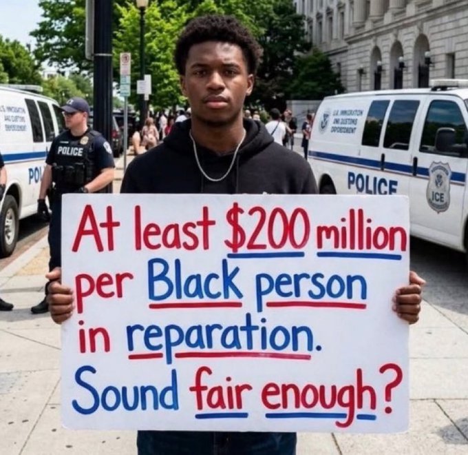 A young Black man stands in front of police vehicles holding a handwritten sign reading "At least $200 million per Black person in reparation. Sound fair enough?" in red and blue lettering. The image relates to the post's quip that $200 billion (rather than the $200 million per person suggested on the sign) would be a more fitting figure for reparations.