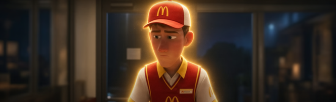 An animated McDonald's employee wearing the brand's red cap and uniform vest stands inside a fast-food restaurant with a glowing golden outline.