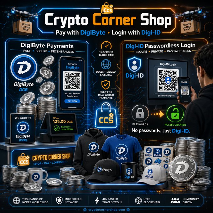 A promotional graphic for 'Crypto Corner Shop' advertising DigiByte payments and Digi-ID passwordless login, featuring crypto-themed merchandise.
