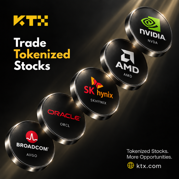 An advertisement for KTX trading platform's 'Tokenized Stocks', displaying floating coins featuring company logos for Broadcom (AVGO), Oracle (ORCL), SK Hynix (SKHYNIX), AMD, and NVIDIA (NVDA) with the tagline 'Tokenized Stocks. More Opportunities. ktx.com'.