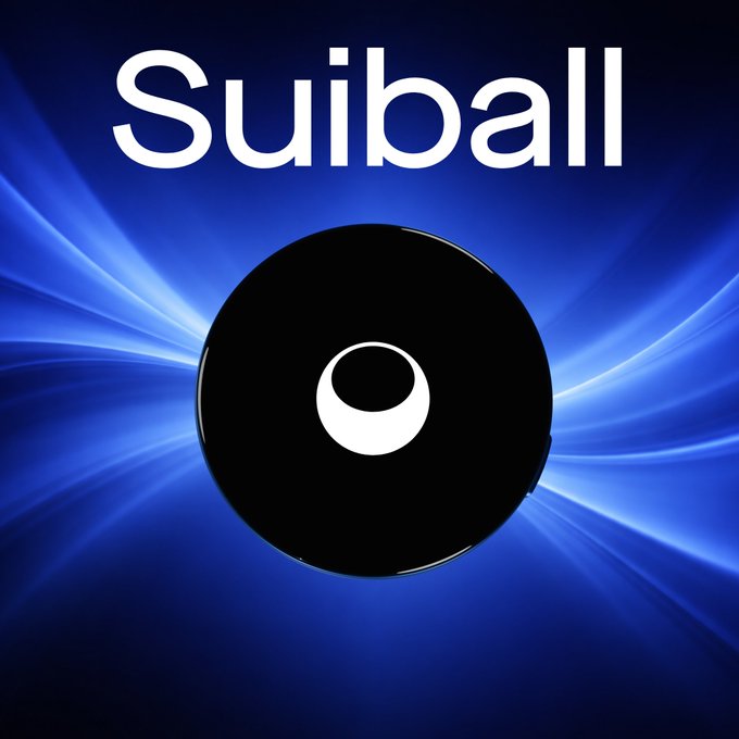 The word 'Suiball' appears in large white text above a black circle with a white eye-like symbol, set against a vibrant blue background with radiating light streaks.