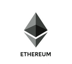 The Ethereum (ETH) cryptocurrency logo displayed in grayscale with the word 'ETHEREUM' beneath the iconic diamond-shaped symbol.