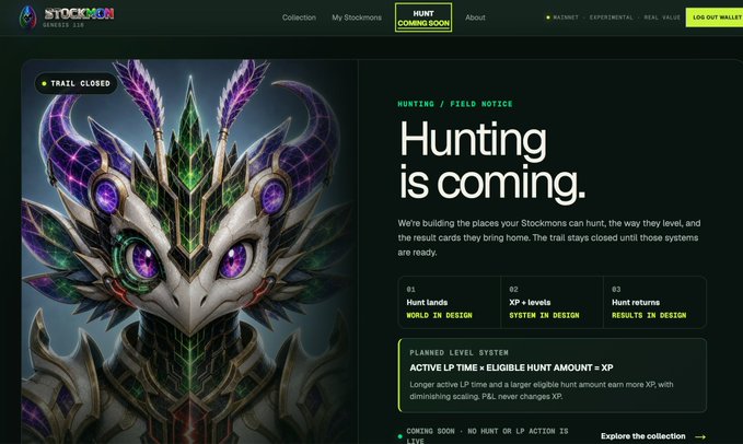 The image shows a Stockmon NFT website page announcing that "Hunting is coming" with a green dragon-like creature illustration, featuring "TRAIL CLOSED" status and design previews for the Hunt Lands, XP+Levels system, and Hunt Returns features. The page relates to the post by promoting Stockmon's upcoming hunting feature where users will receive WETH rewards and tokenized stocks to their MON NFT vault.
