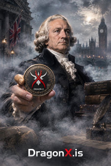 A promotional image for 'DragonX.is' showing an 18th-century gentleman holding a 'DRAGON-X' coin, with Big Ben and the UK Parliament in the background, alongside a book titled 'THE WEALTH OF NATIONS' by Adam Smith.