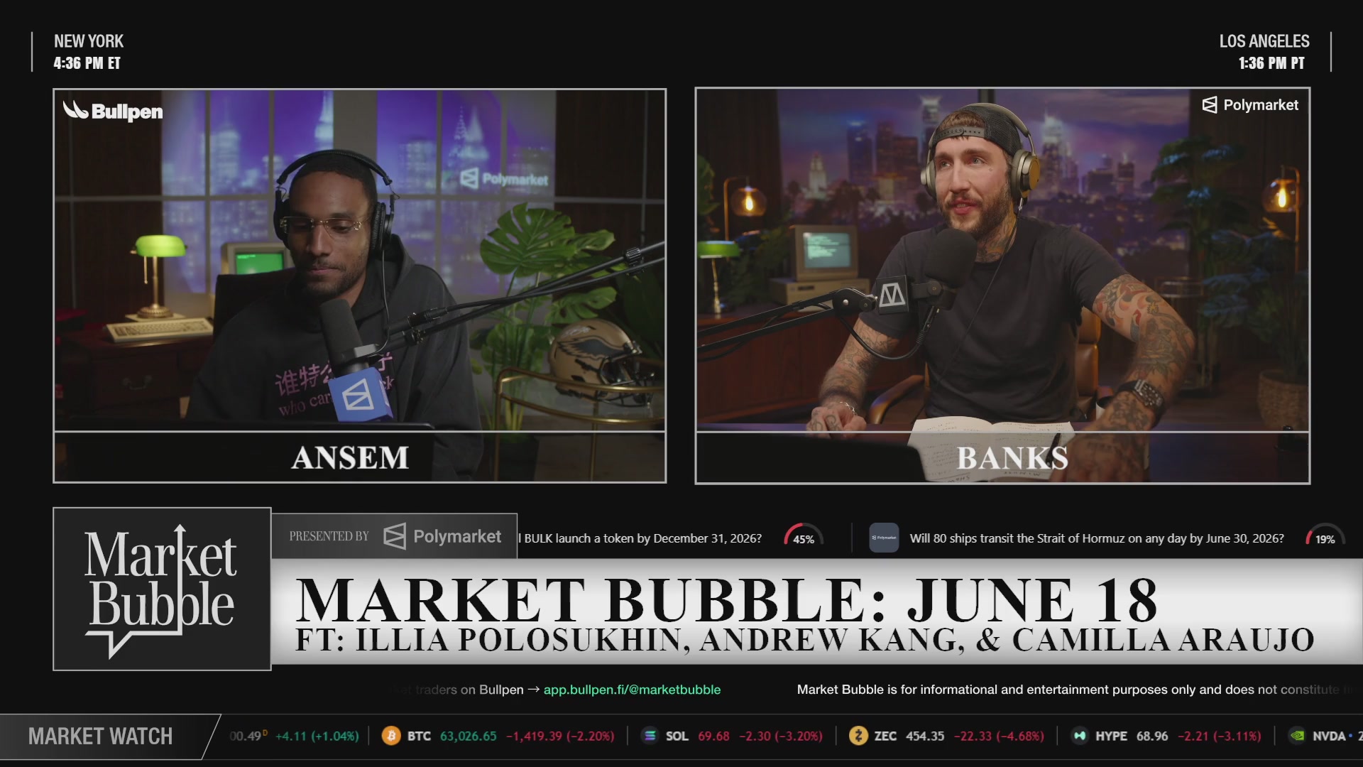The image shows a screen with two men sitting at a table, each holding a microphone. They are both wearing headphones, suggesting that they might be participating in an online radio show or podcast. The background of the image features a city skyline, indicating that this could be taking place in Los Angeles. The post on the screen is titled "LIVE W/ ILLIA POLOSUKHIN, ANDREW KANG, & CAMILLA ARAUJO: Market Bubble EP 7 - Presented by @Polymarket". This post seems to be discussing a radio show or podcast featuring two men talking about the market bubble.