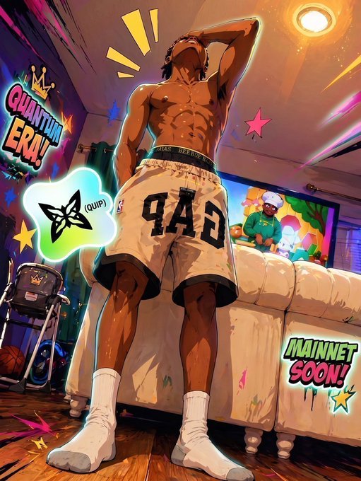 A stylized anime-style promotional image featuring a shirtless male character in shorts with 'DAD' printed on them, with text reading 'QUANTUM ERA!', 'QUIP!', and 'MAINNET SOON!' displayed around him.