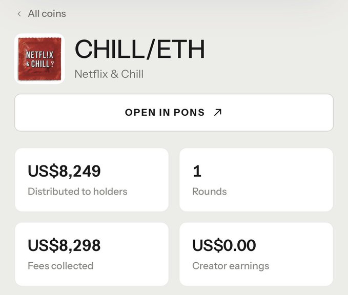 The image displays a cryptocurrency dashboard for the "Netflix & Chill" (CHILL/ETH) token, showing that US$8,249 has been distributed to holders and US$8,298 in fees collected across 1 round, with US$0.00 in creator earnings. This aligns with the post's claim that the CHILL treasury purchased approximately $8K worth of Netflix ($NFLX) stock and distributed the proceeds to CHILL token holders.