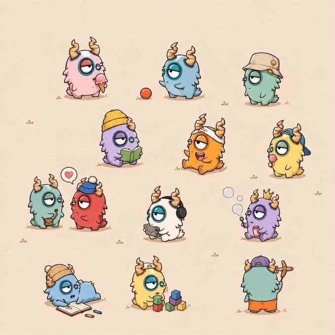 A collection of twelve colorful, fluffy horned monster characters from Puffpals NFT are shown engaging in various activities like reading, playing with bubbles, eating ice cream, and blowing bubbles. The image ties to the post's giveaway announcement, illustrating the cute Puffpals characters that followers could win.