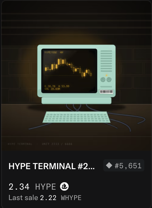 A pixel-art style NFT listing for "HYPE TERMINAL #2..." showing a vintage computer monitor displaying a HYPE/USD candlestick chart, priced at 2.34 HYPE with a last sale of 2.22 WHYPE. The image relates to the post about Solana by showcasing a competing blockchain token (HYPE on Hyperliquid) being traded on a decentralized platform, highlighting an alternative ecosystem to Solana.