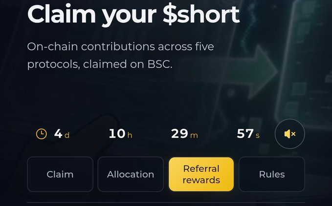 A dark promotional screen reads 'Claim your $hort - On-chain contributions across five protocols, claimed on BSC.' with a countdown showing 4d 10h 29m 57s and buttons for Claim, Allocation, Referral rewards, and Rules.
