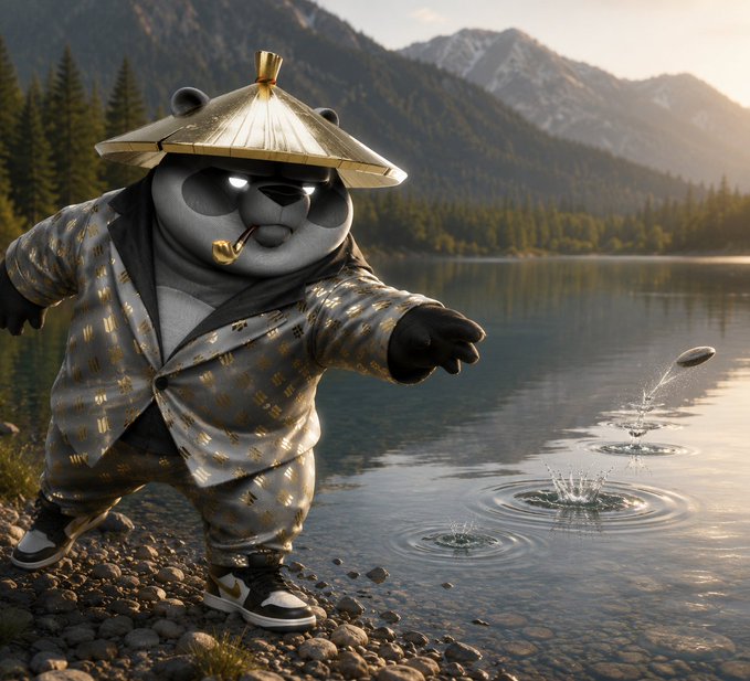 A panda wearing a traditional straw hat and patterned robe skips stones across a serene mountain lake, with each splash sending ripples outward. The image embodies the message of pushing beyond limits and giving your all, as the panda's determined stance and successful stone-skipping reflect the effort and resilience encouraged for the day ahead.